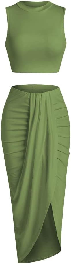 ZAFUL Women's Casual Sleeveless Summer Two Piece Outfits Crop Top and Side Split Draped Ruched Ma... | Amazon (US)