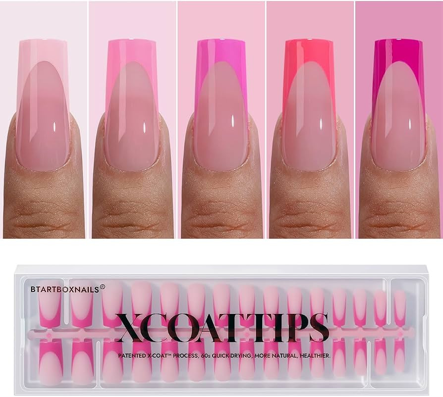 BTArtboxnails XCOATTIPS Pink French Tip Press On Nails - Long Press On Nails Square, Soft Gel Nai... | Amazon (US)