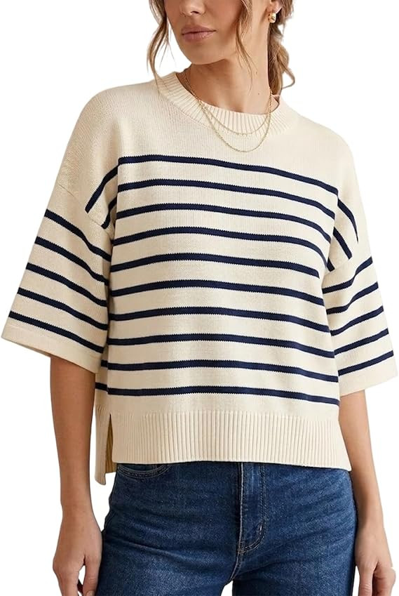 Women's Striped Short Sleeve Sweater - Casual Crewneck Knit Top with Side Slits, Soft Lightweight... | Amazon (US)