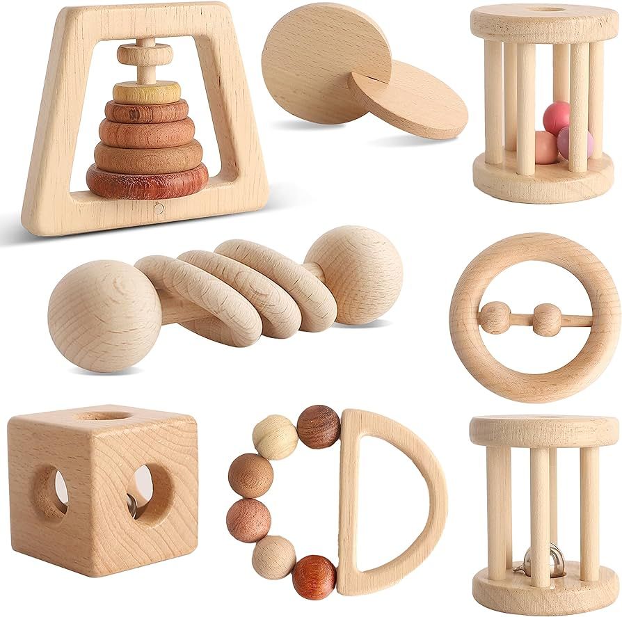 Wooden Baby Toy 8pcs, Montessori Toys for Babies 1-3 Years Old, Wooden Rattles Toy Set for Infant... | Amazon (US)