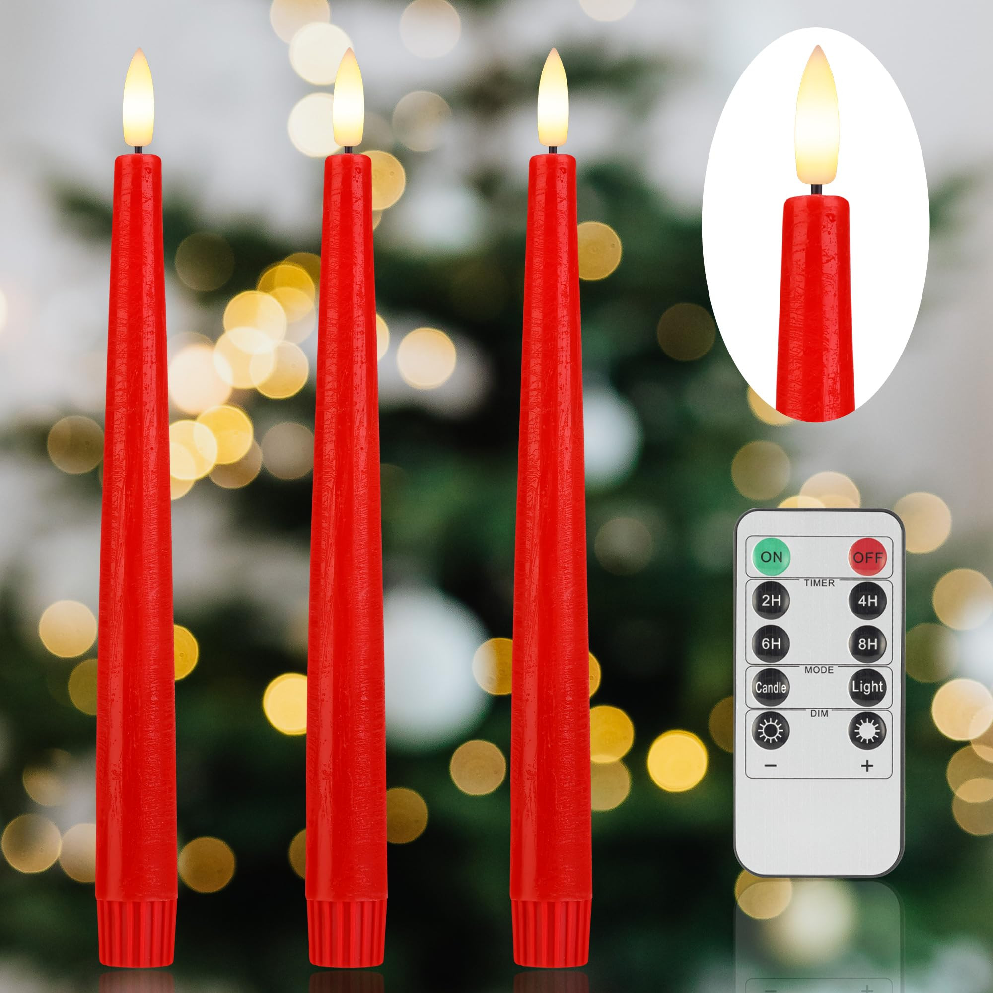 Red Flameless Taper Candles with 3D Wick, 9.6" Real Wax LED Candles with Remote and Timer, 3 Pack... | Amazon (US)