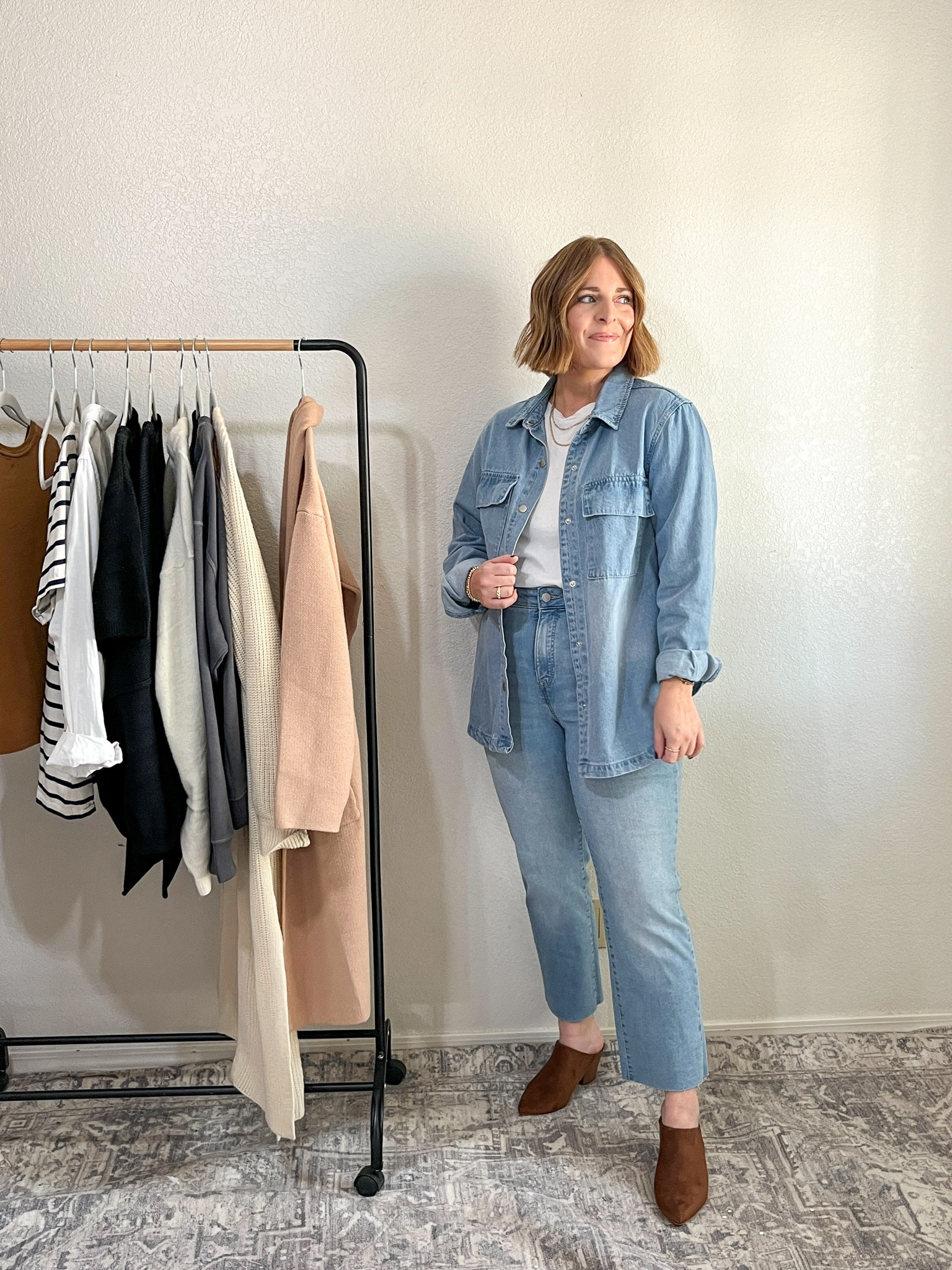 How to style a white tee & jeans// layer with a denim shacket + heeled mules 

#LTKstyletip #LTKmidsize #LTKfindsunder50