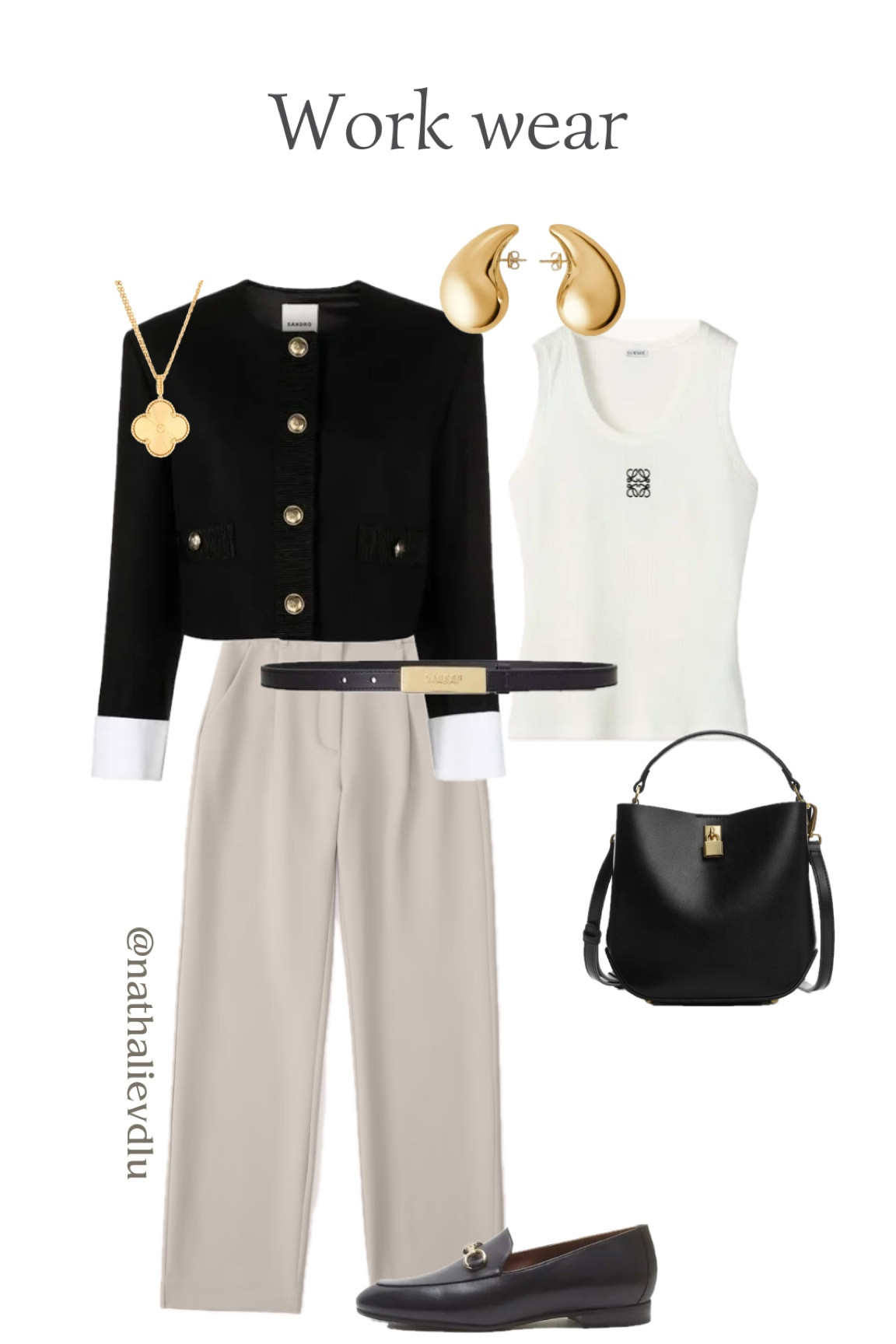 Workwear outfit inspiration moodboard |
Sandro jacket, cropped jacket, Loewe anagram top, tanktop, Abercrombie trousers, straight trousers, high waisted trousers, ecru trousers, Mango bag, black bag, Isabel Bernard loafers, black loafers, Ralph Lauren belt, black belt, designer belt, golden earrings, Bottega earrings, golden jewellery, golden details, Van Cleef necklace, workwear outfit

#LTKstyletip #LTKeurope #LTKworkwear