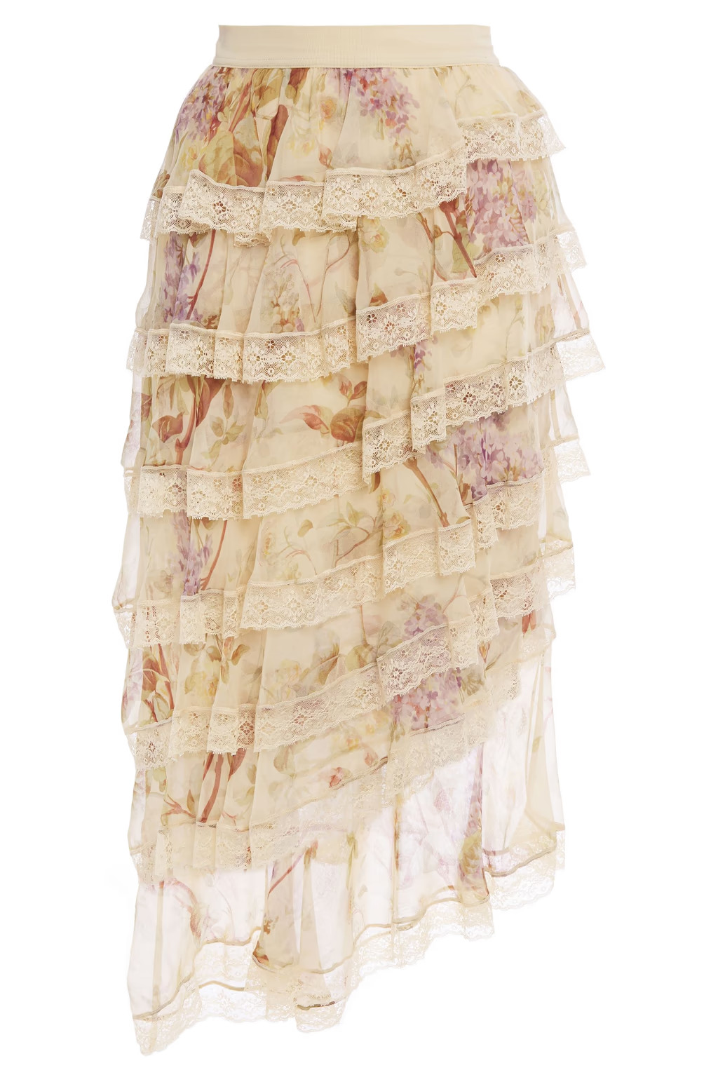 Cream Sabotage tiered lace-trimmed floral-print silk-chiffon midi skirt | Sale up to 70% off | TH... | The Outnet (US and CA)