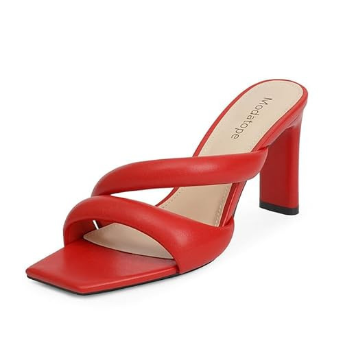 Modatope Red Mule Heels for Women - Sandals Slides With 3 Inch High Heel - Peep Open Square Toe Chunky Block Slip On Backless Slippers - Wedding Shoes Size 7.5 | Amazon (US)