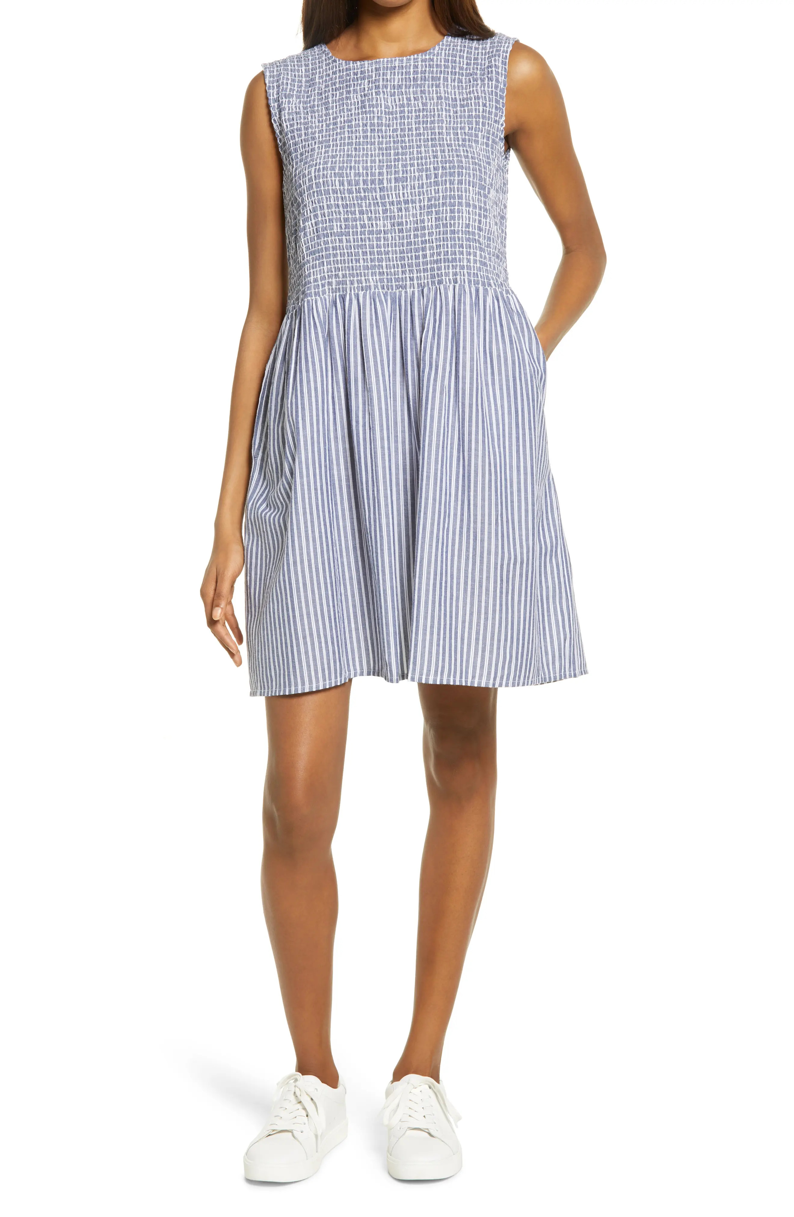 Women's French Connection Rhodes Stripe Smocked Bodice Cotton Poplin Dress, Size 8 - Blue | Nordstrom