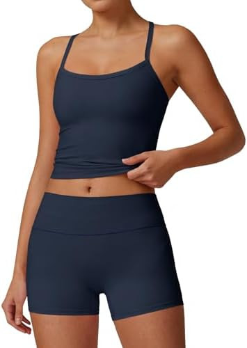 Aoysky Womens Buttery Soft 2 Piece Workout Sets High Waisted Booty Biker Shorts Halter Padded Tan... | Amazon (US)