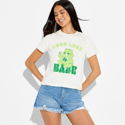 Women's Good Luck Bear Shrunken Short Sleeve Graphic T-Shirt - Cream XXS | Target