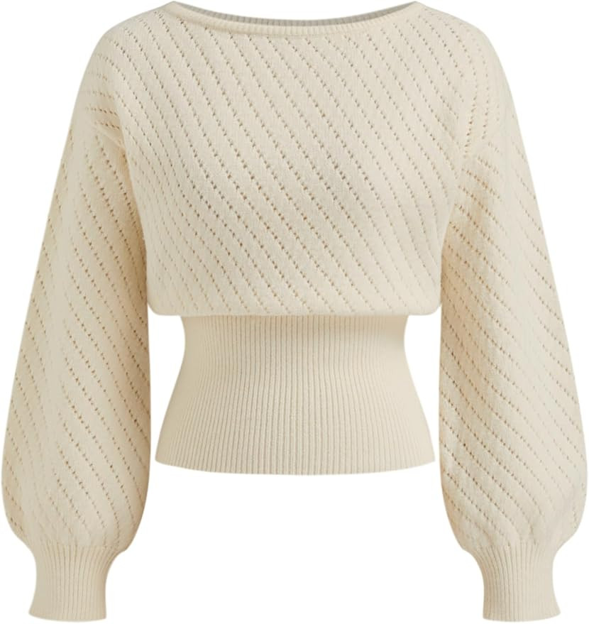 CIDER Women's One Shoulder Sweater Boat Neck Knit Sweater Lantern Sleeves for Women Knit Tops Win... | Amazon (US)