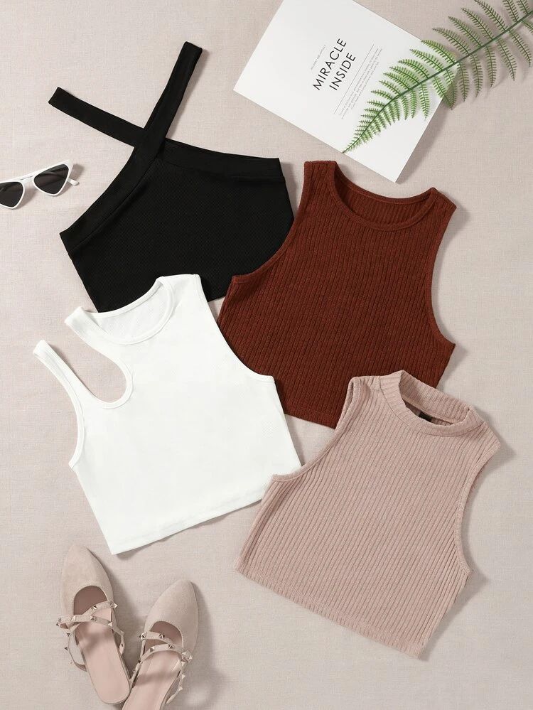 4pcs Solid Ribbed Crop Top | SHEIN
