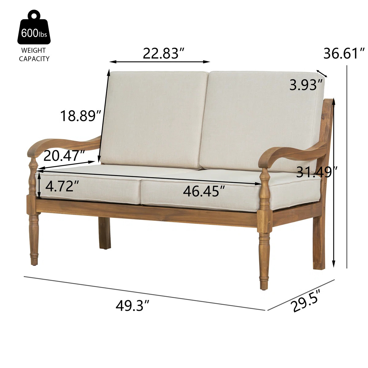 Axton Patio Acacia Wood Loveseat With Removable Cushions | Wayfair North America