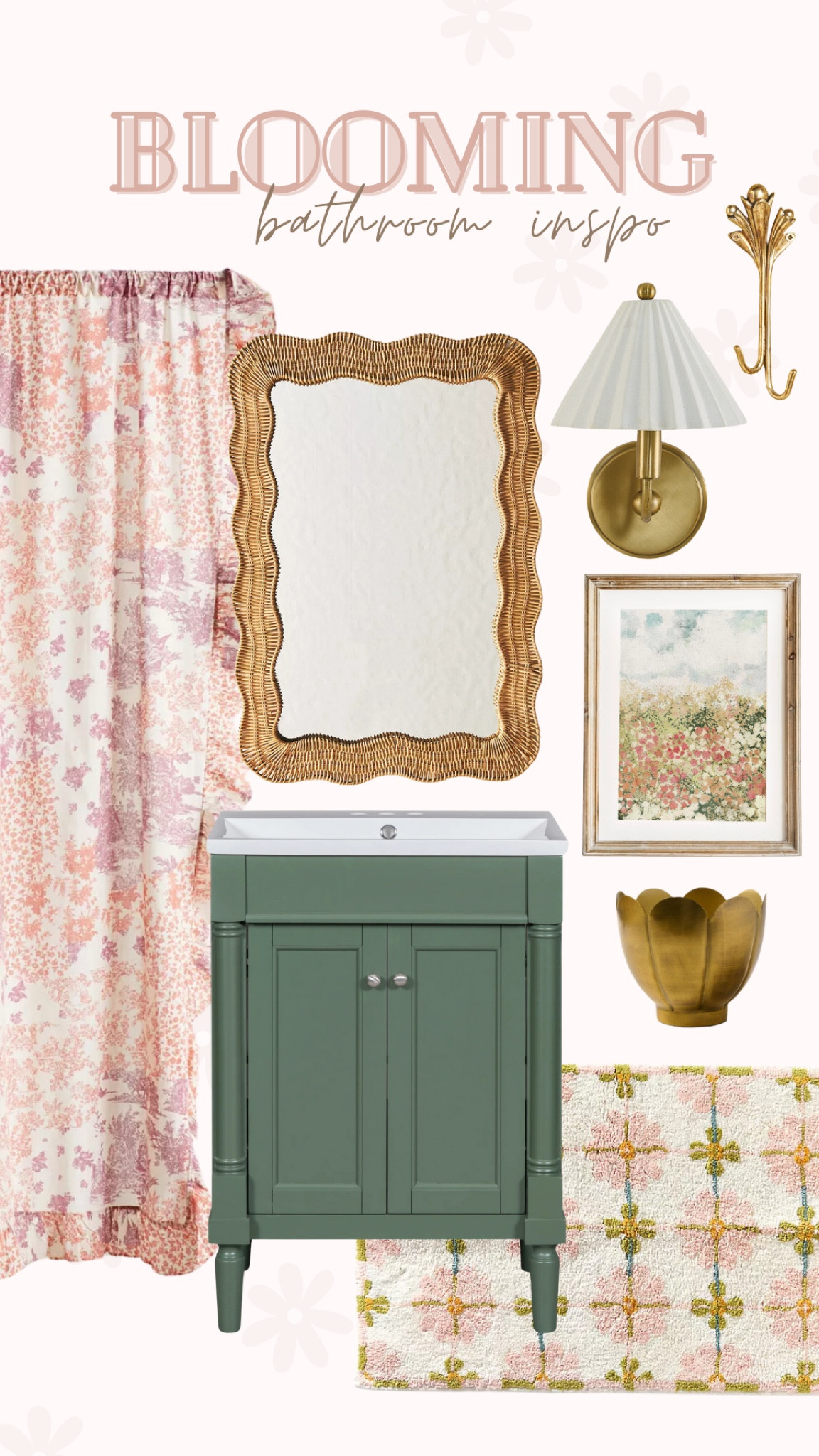 Blooming bathroom inspo! 

Green vanity shower curtains mirror sconce planter rug #thebloomingnest 

#LTKhome #LTKSeasonal #LTKsalealert