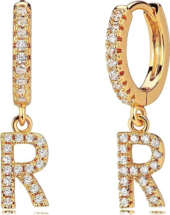 Mevecco 18K Dainty Gold Filled Pave Cubic Zircon Letter Charm Huggie Hoop Earrings Wear Initials ... | Amazon (US)