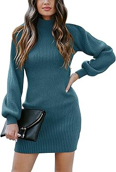 ANRABESS Women Long Sleeve Turtle Mock Neck Rib Knit Stretch Slim Fitted Bodycon Sweater Mini Sho... | Amazon (US)