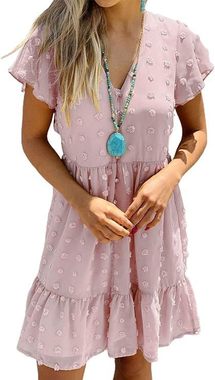 BLENCOT Women Casual Short Sleeve Summer Tunic Dress V Neck Bubbles Loose Flowy Swing Shift Dress | Amazon (US)