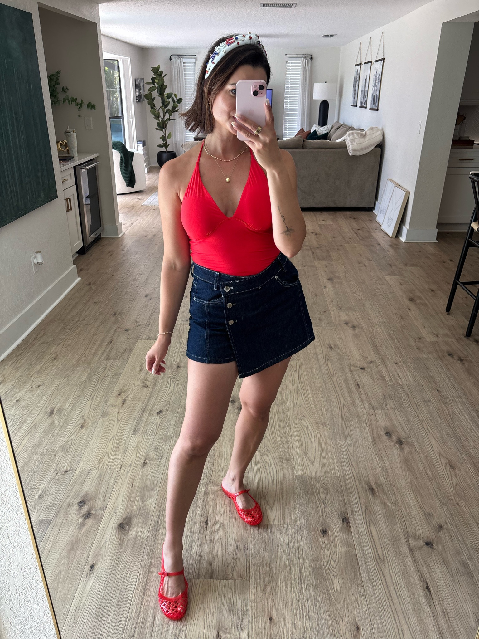 Paired this flattering red halter top with a denim skirt from @Zara, red jelly flats, and a cute USA-themed headband! This would be a great outfit for Memorial Day and the Fourth of July! ❤️

#LTKootd #LTKgrwm #LTKdayinmylife