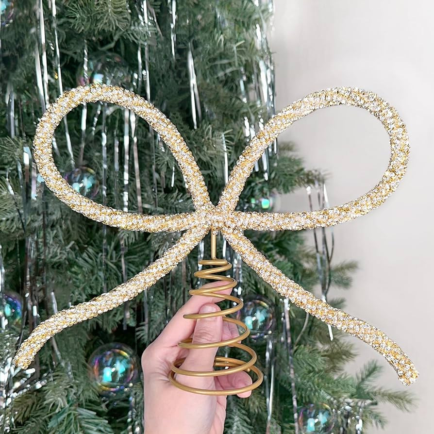Christmas Decorations - Christmas Decor - Gold Glass Rhinestone Bow Tree Topper - Xmas Holiday Tr... | Amazon (US)