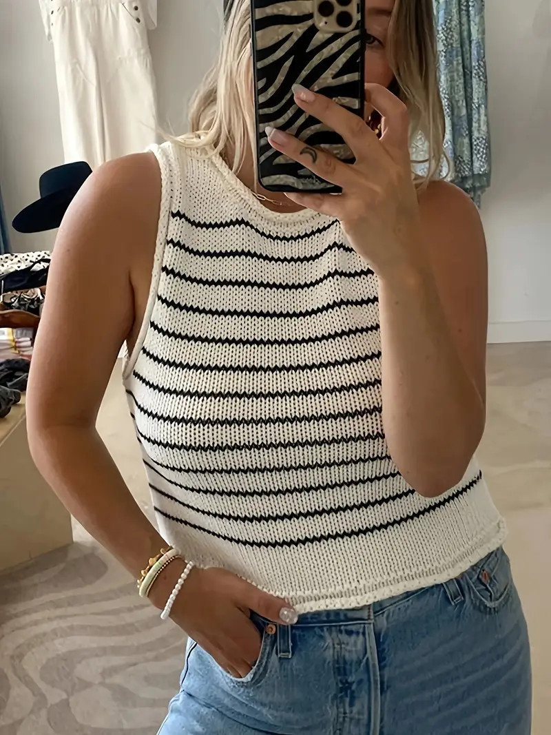 Striped Crop Tank Top Casual Sleeveless Knit Tank Top Summer - Temu | Temu Affiliate Program
