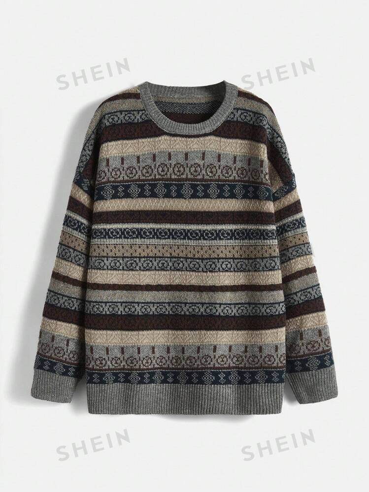 ROMWE Hippie Geo Pattern Drop Shoulder Sweater | SHEIN | SHEIN