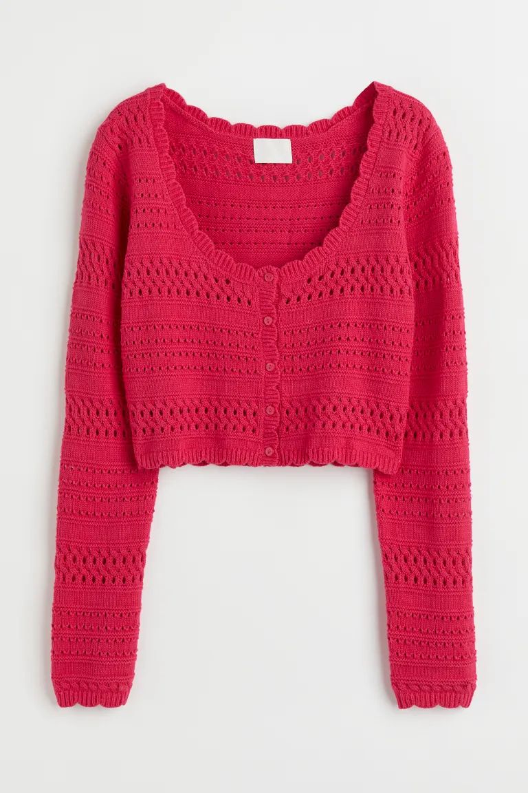 Knit crop cardigan in a cotton blend with a crocheted look. Low-cut neckline, buttons at front, g... | H&M (US + CA)