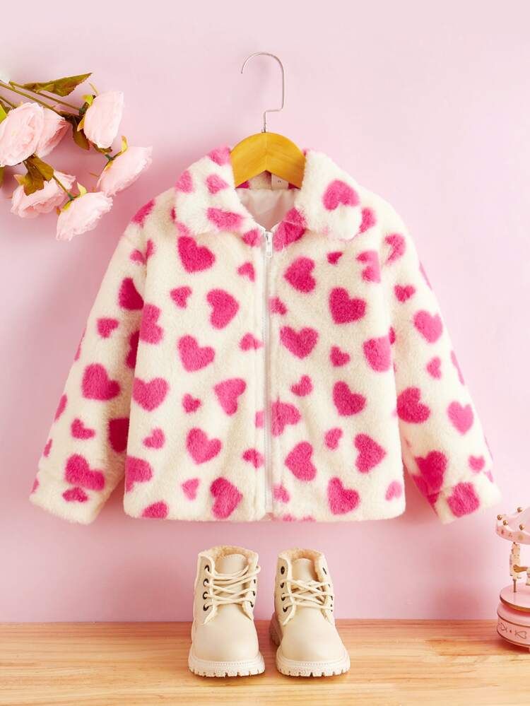 Toddler Girls Heart Pattern Zipper Teddy Jacket | SHEIN