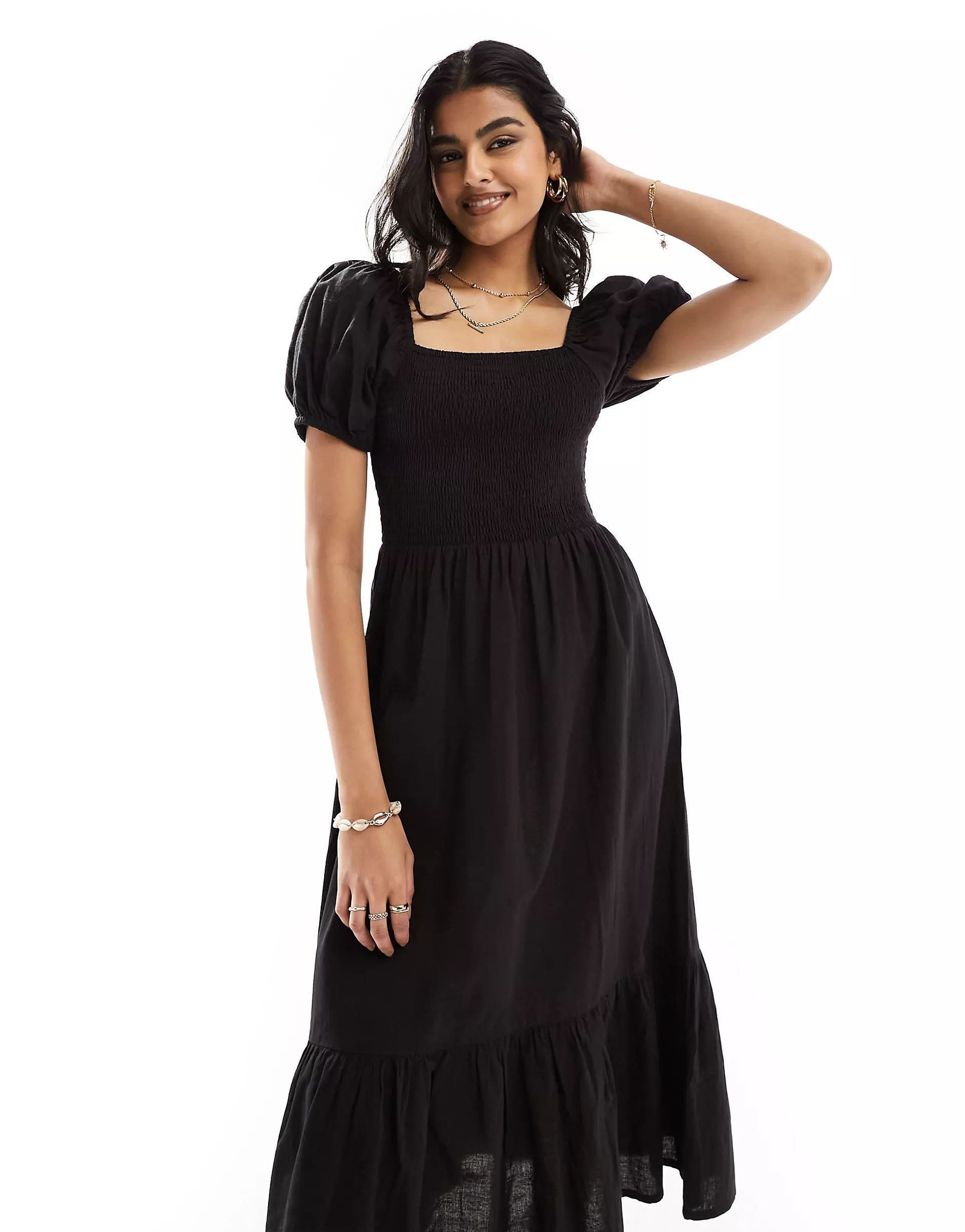 Esmee puff sleeve midi beach dress in black | ASOS | ASOS (Global)