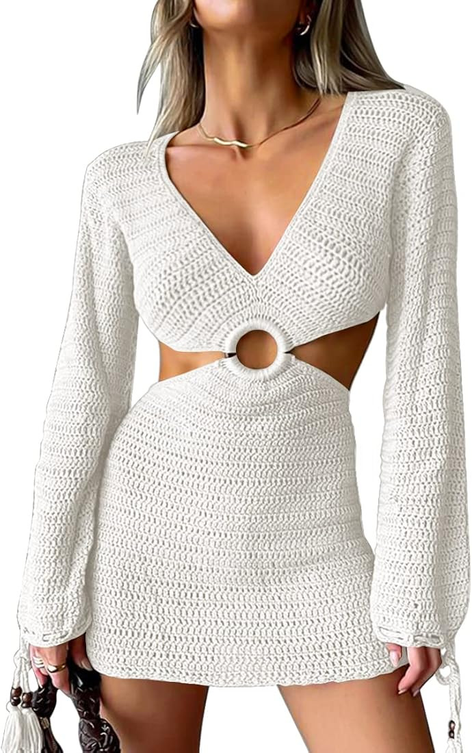 LILLUSORY Women's 2023 Beach Dresses Spring Long Sleeve V Neck Swimsuit Cover Up Dress | Amazon (US)