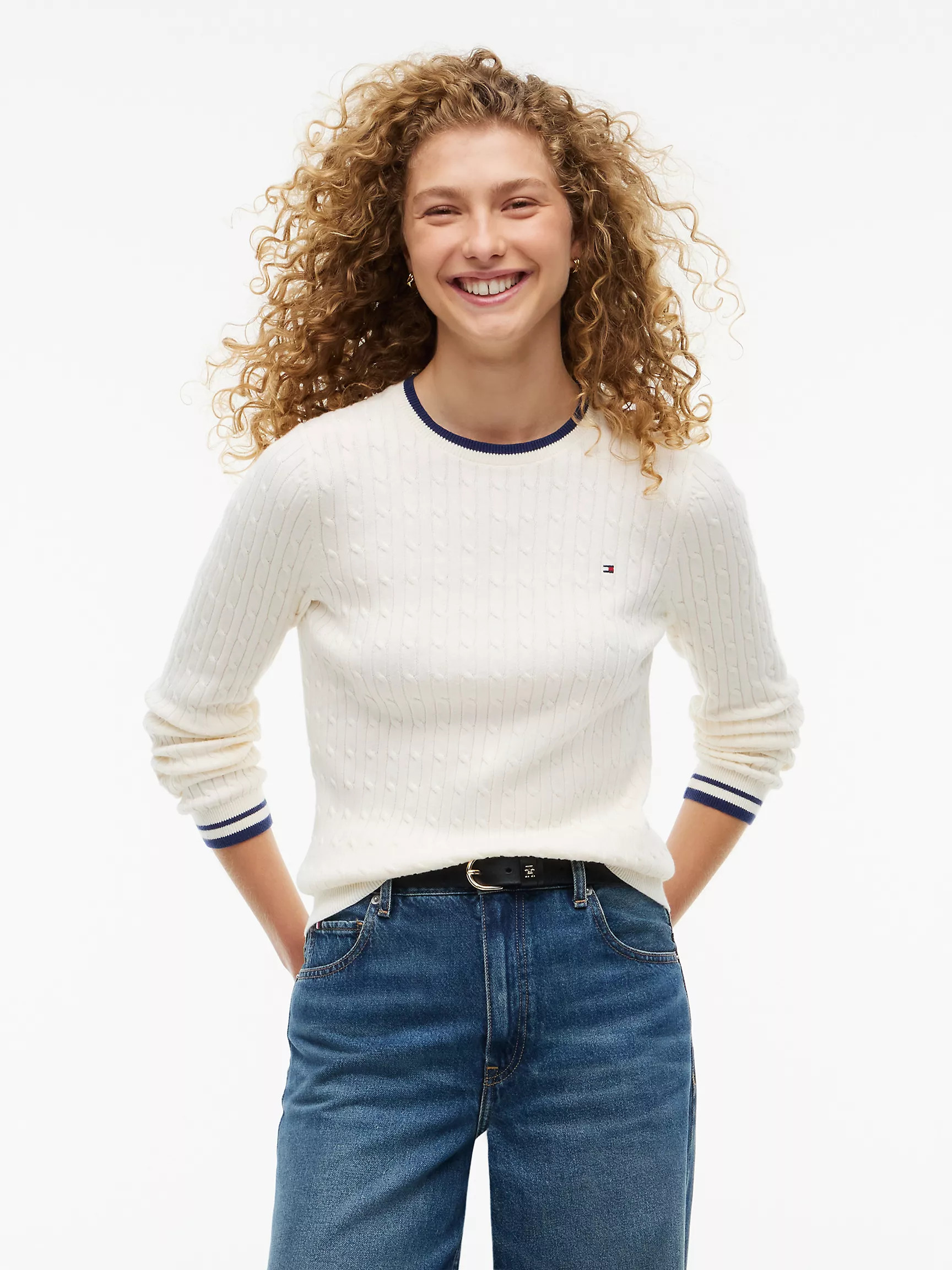 Cable Knit Tipped Crewneck Sweater | Tommy Hilfiger | Tommy Hilfiger (US)