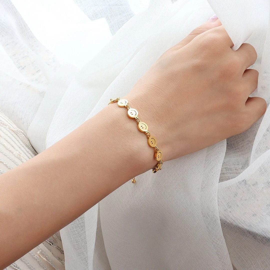 18K Gold Smiley Face Simple Bracelet Smile Bracelet Happy - Etsy UK | Etsy (UK)
