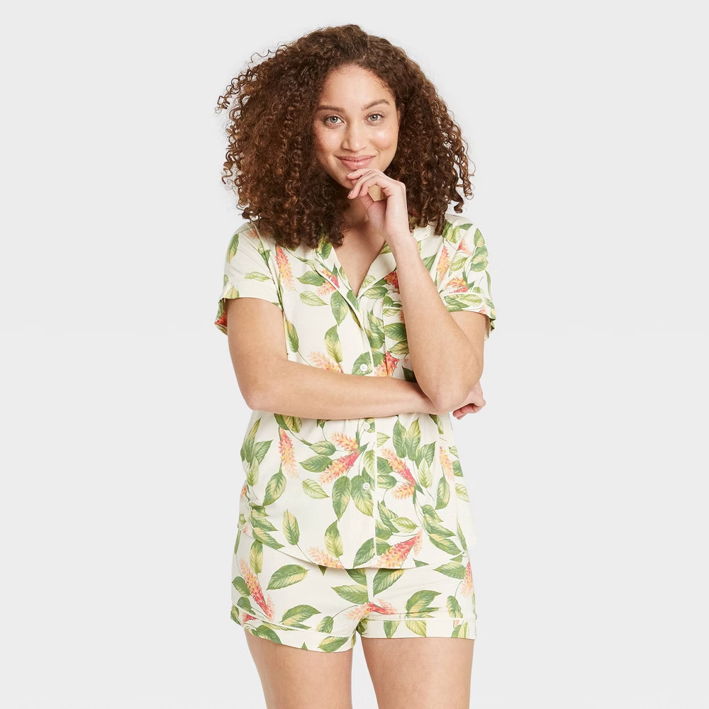 Woen's Floral Print Beautifully Soft Short Sleeve Notch Collar Top and Shorts Pajaa Set - Stars Abov | Target