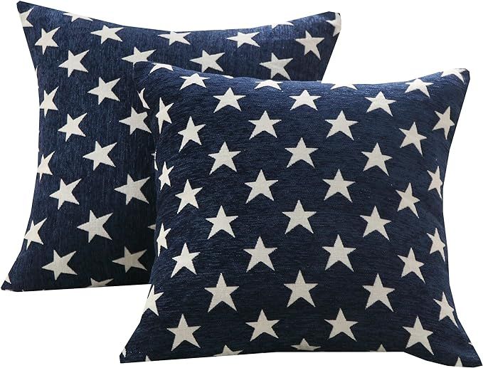 Set of 2 Soft Chenille Decorative Patriotic Throw Pillow Cover Case Geometric Stars July 4th Acce... | Amazon (US)