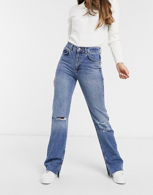 Pull&Bear 90s straight leg jean with rips and split hem in blue | ASOS (Global)