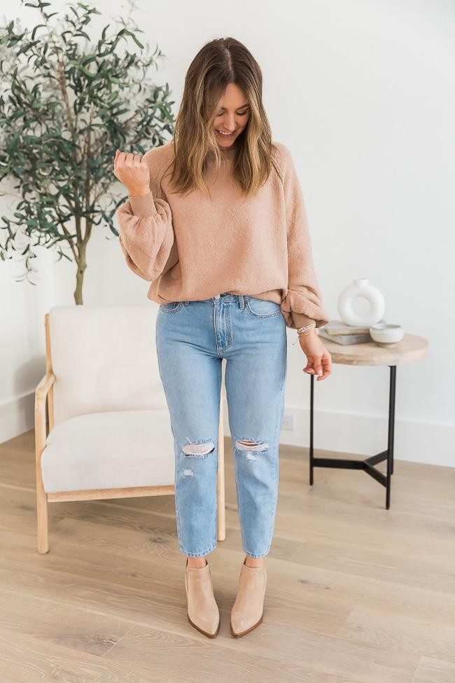 DARYL-ANN DENNER X PINK LILY Kaylee Tan Textured Crew Neck Sweater | The Pink Lily Boutique
