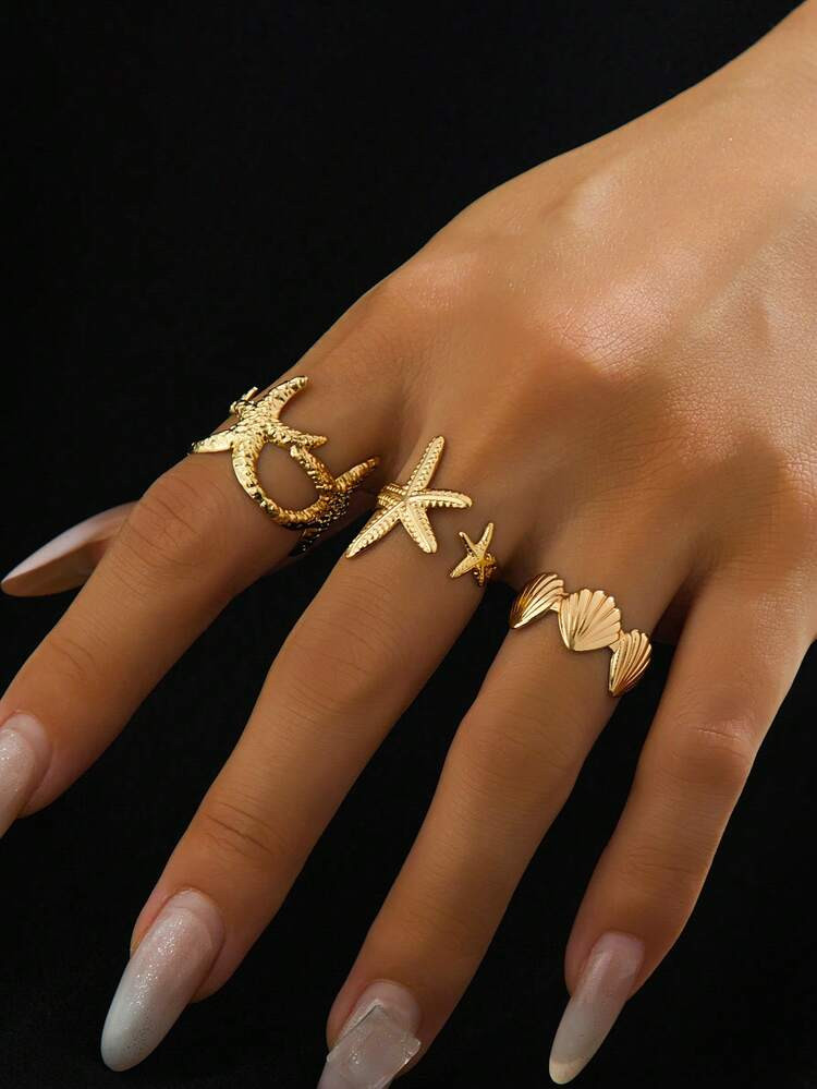 3pcs Metal Ocean Theme Ring Set-3D Starfish & Shell Adjustable Rings For Women, Suitable For Part... | SHEIN