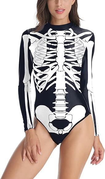 Timemory Halloween Women Digital Skeleton Tight One-piece Swimsuit with Zip-Back | Amazon (US)