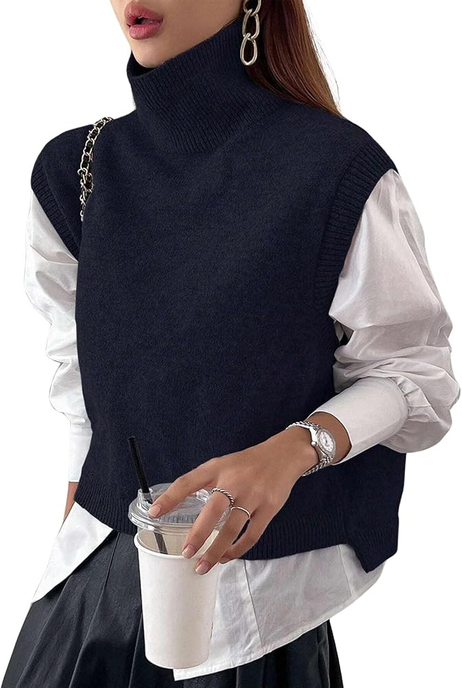 Naileksi Women Turtleneck Crop Sweater Vest Sleeveless High Neck Solid Loose Fit Knitted Causal J... | Amazon (US)
