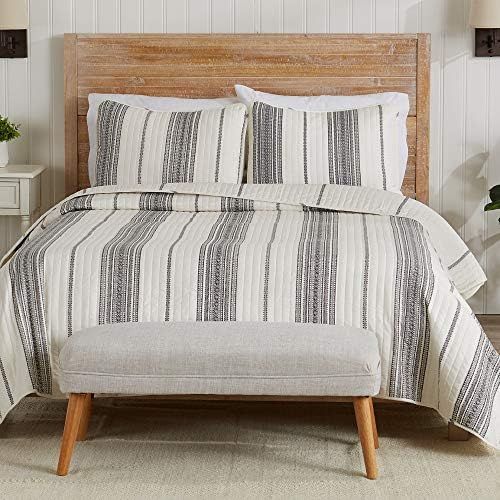 3-Piece Reversible Modern Striped Quilt with 2 Shams. All-Season Bedspread with Blue and Taupe St... | Amazon (US)