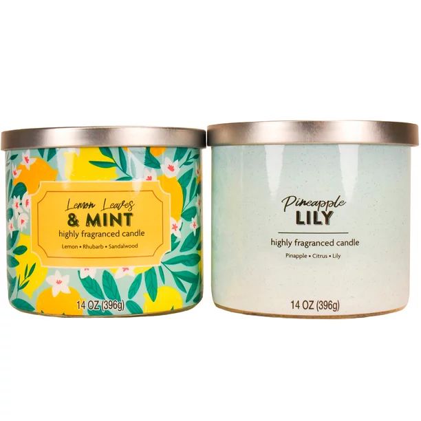 Mainstays Lemon Leaves & Mint and Pineapple Lily Scented 3-Wick Candle, 14 oz., 2-Pack | Walmart (US)