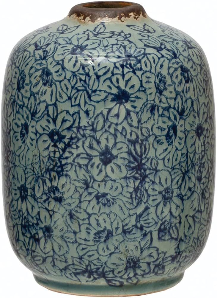 Creative Co-Op Terra-Cotta Floral Pattern, Distressed Blue Vase, 5" L x 5" W x 7" H | Amazon (US)