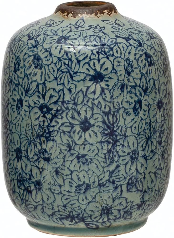 Creative Co-Op Terra-Cotta Floral Pattern, Distressed Blue Vase, 5" L x 5" W x 7" H | Amazon (US)