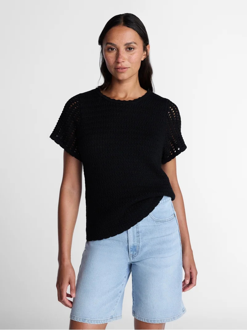 Time and Tru Women's Textured Crewneck Sweater with Short Sleeves, Lightweight, Sizes XS-XXXL | Walmart (US)