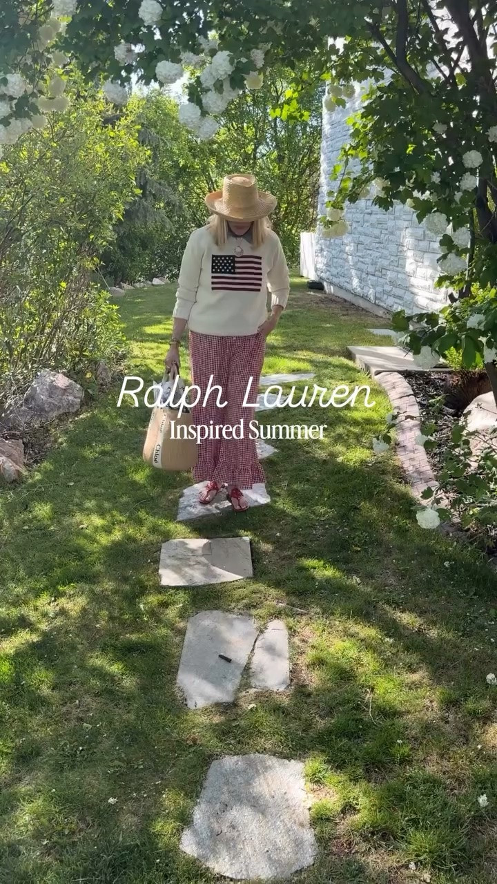 —Ralph Lauren —
Inspired Summer 

If American coastal summer vibes is your vibe… let’s be friends

Mixing a few saves and splurges to create this look…. 

Can you believe these Tuckernuck vibe gingham ruffled hem pants are under $45

Ralph Lauren flag sweater

Denim chambray short sleeve button up

Miller red sandals - Straw tote- Straw hat
Gold hoops - Shell  necklace

Comment “shop” for links 

Facebook friends use link ⬆️ to shop

#ralphlaurensummer #americansummer #flagsweater #gingham