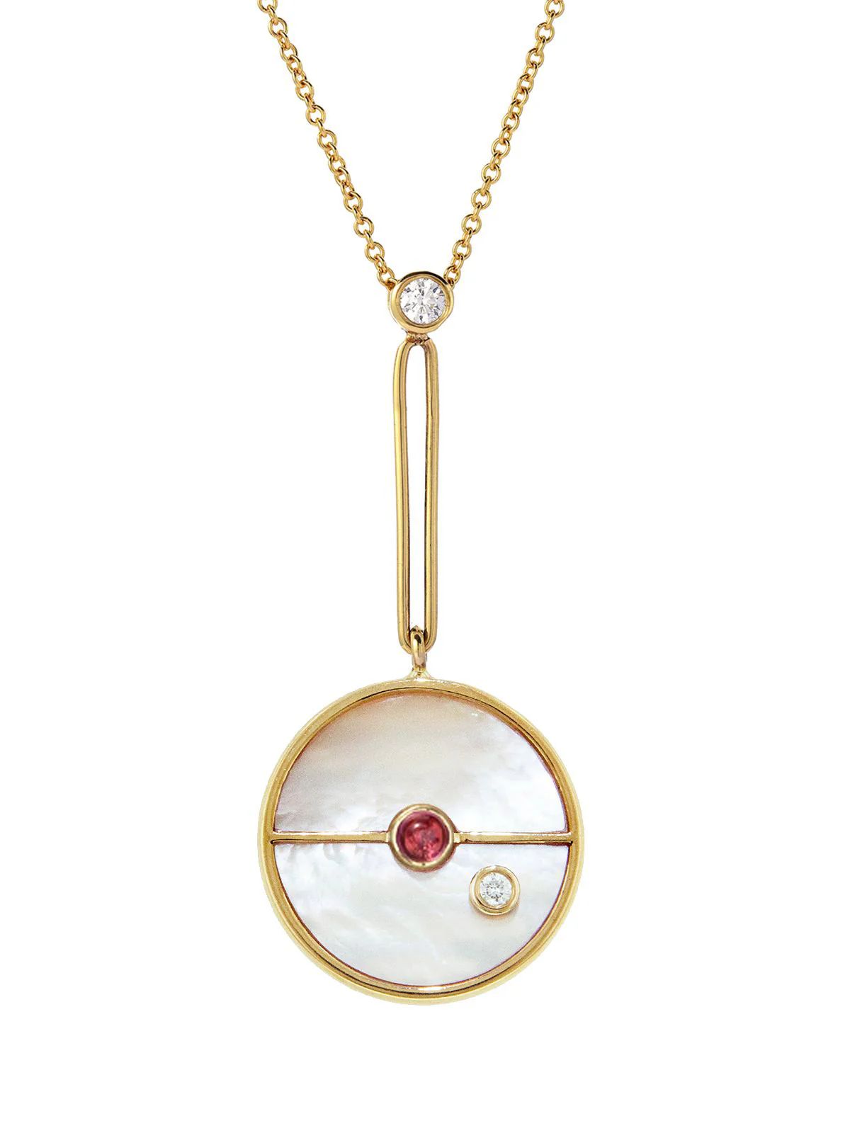 Signature Mother of Pearl and Pink Spinel Compass Yellow Gold Necklace | YLANG 23