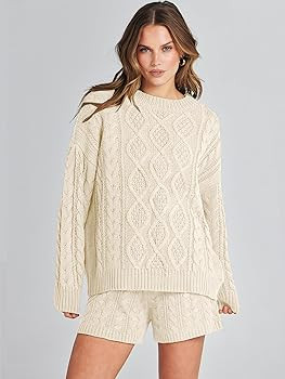 ANRABESS Women 2 Piece Outfits Sweater Lounge Loungewear Sets Fall Cable Knit Oversized Pullover ... | Amazon (US)