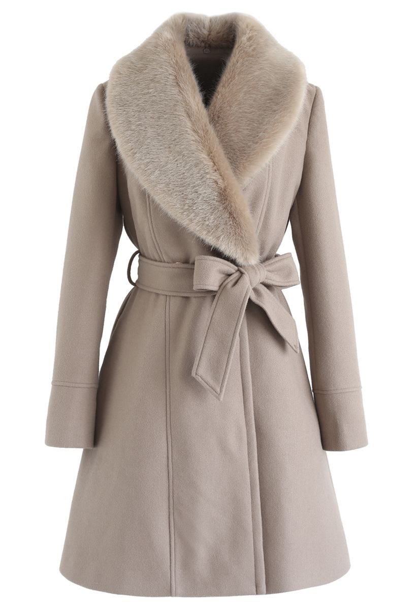 Faux Fur Collar Belted Flare Coat in Taupe | Chicwish