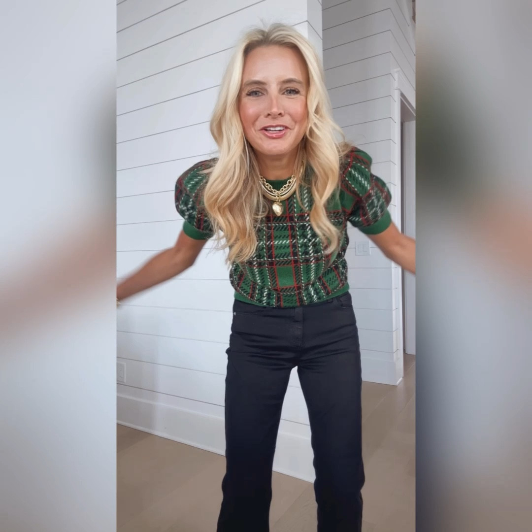The cutest plaid sweater top. Wearing a size small. Jeans are a 25. Perfect holiday look! Use code FANCY15 for 15% off the head to toe look! 

#LTKStyleTip #LTKHoliday #LTKWatchNow