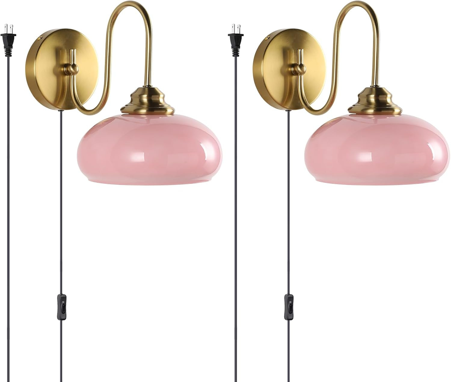 KCO Lighting Modern Pink Glass Wall Light Set of 2 Plug in Antique Brass Wall Sconce Pink and Gold Wall Sconces Bathroom Vanity Light Fixtures Plug in | Amazon (US)