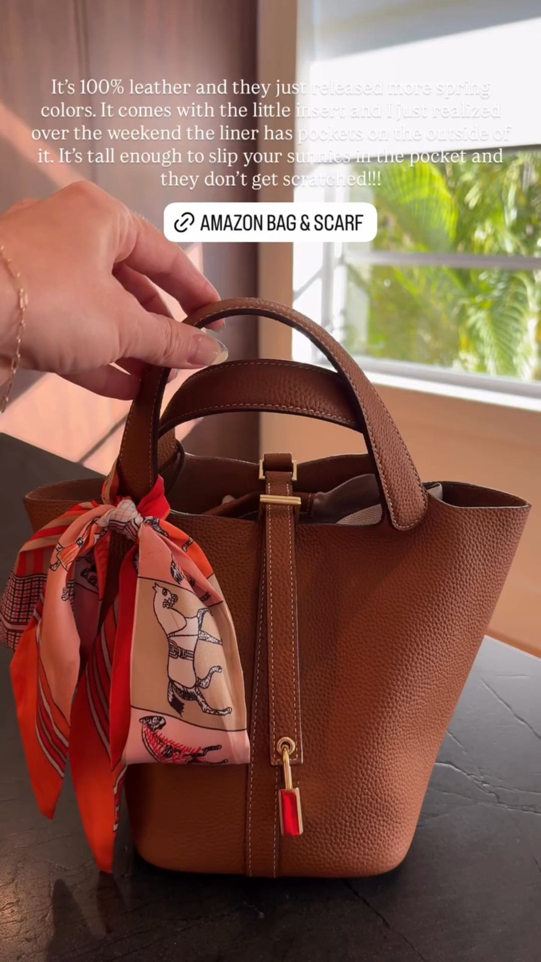 It’s 100% leather and they just released more spring colors. It comes with the little insert and I just realized over the weekend the liner has pockets on the outside of it. It’s tall enough to slip your sunnies in the pocket and they don’t get scratched!!!