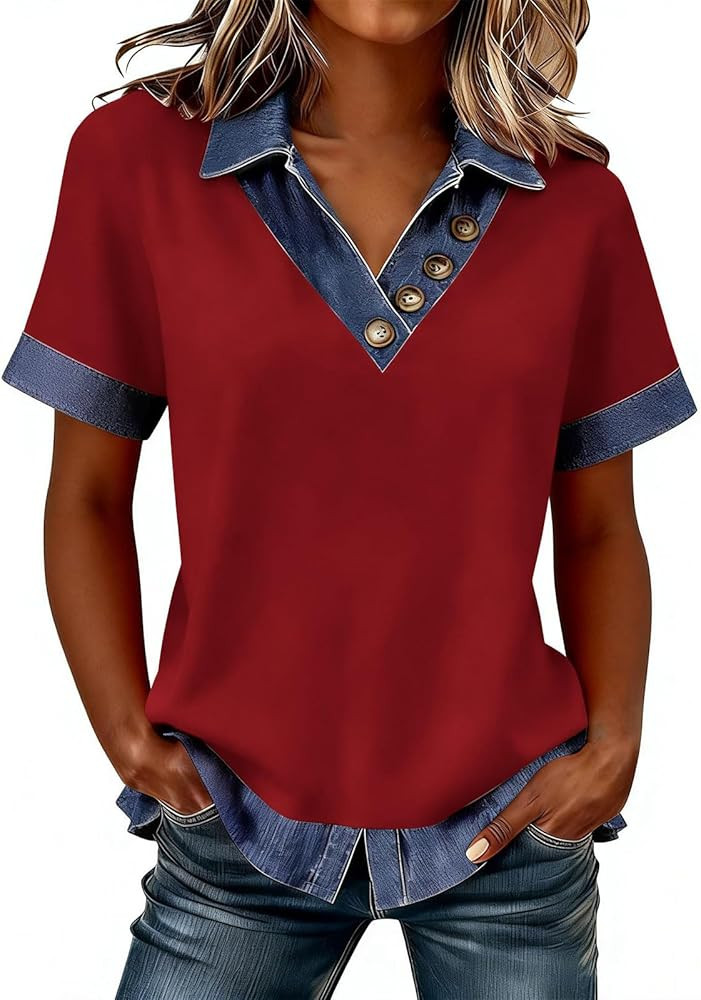 Women's V Neck Denim Trim Top Collared Short Sleeve Button Shirt Casual Loose Fit Tee Summer Dail... | Amazon (US)
