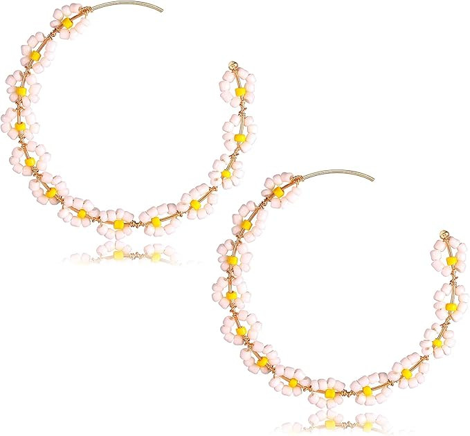 Beaded Daisy Flower Earrings for Women Colorful Bead Hoop Earring Bohemia Floral Open Circle Earr... | Amazon (US)